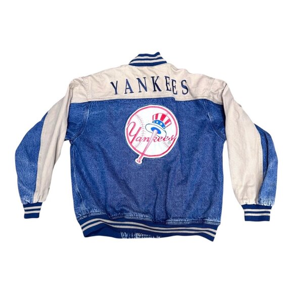 Lee Sport Yankees Denim Jean Varsity Jacket L Blue MLB Baseball World Series Vtg - Picture 5 of 8